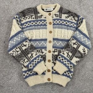 Nordic Fair Isle Wool Cardigan Sweater Size S Chunky Knit Button Front Scotland